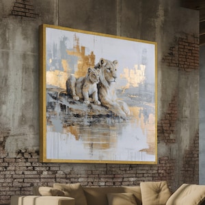 Majestic Lioness and Cub Canvas Wall Art, Gold Accent Animal Painting, Wildlife Portrait Canvas, Elegant Home Decor, Ready to Hang