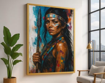 Strong Native Woman with Spear Canvas Wall Art, Tribal Warrior Portrait, Indigenous Female Painting, Ethnic Home Decor, Empowering Wall Art
