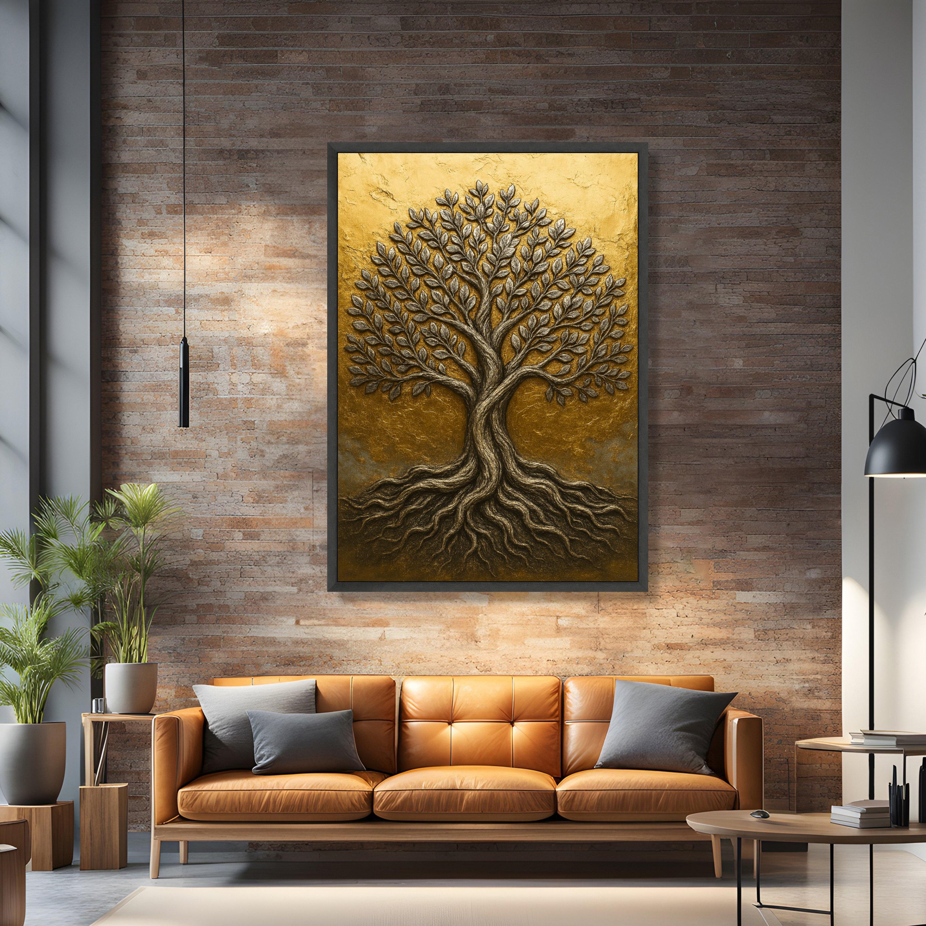 Grote Abstracte Canvas Muur Art Gouden Boom Schilderen Olieverf Muur Foto Ingelijst Print voor Woonkamer Home Decor 70x153cm/28x60in Withframe