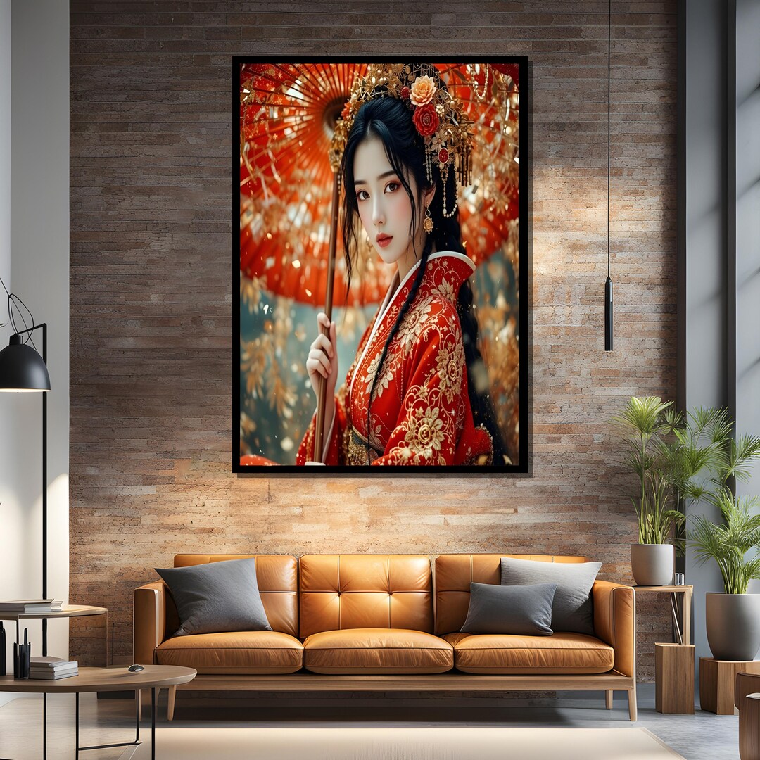 Elegant Japanese Woman in Red Kimono – Framed or Unframed Canvas Art ...