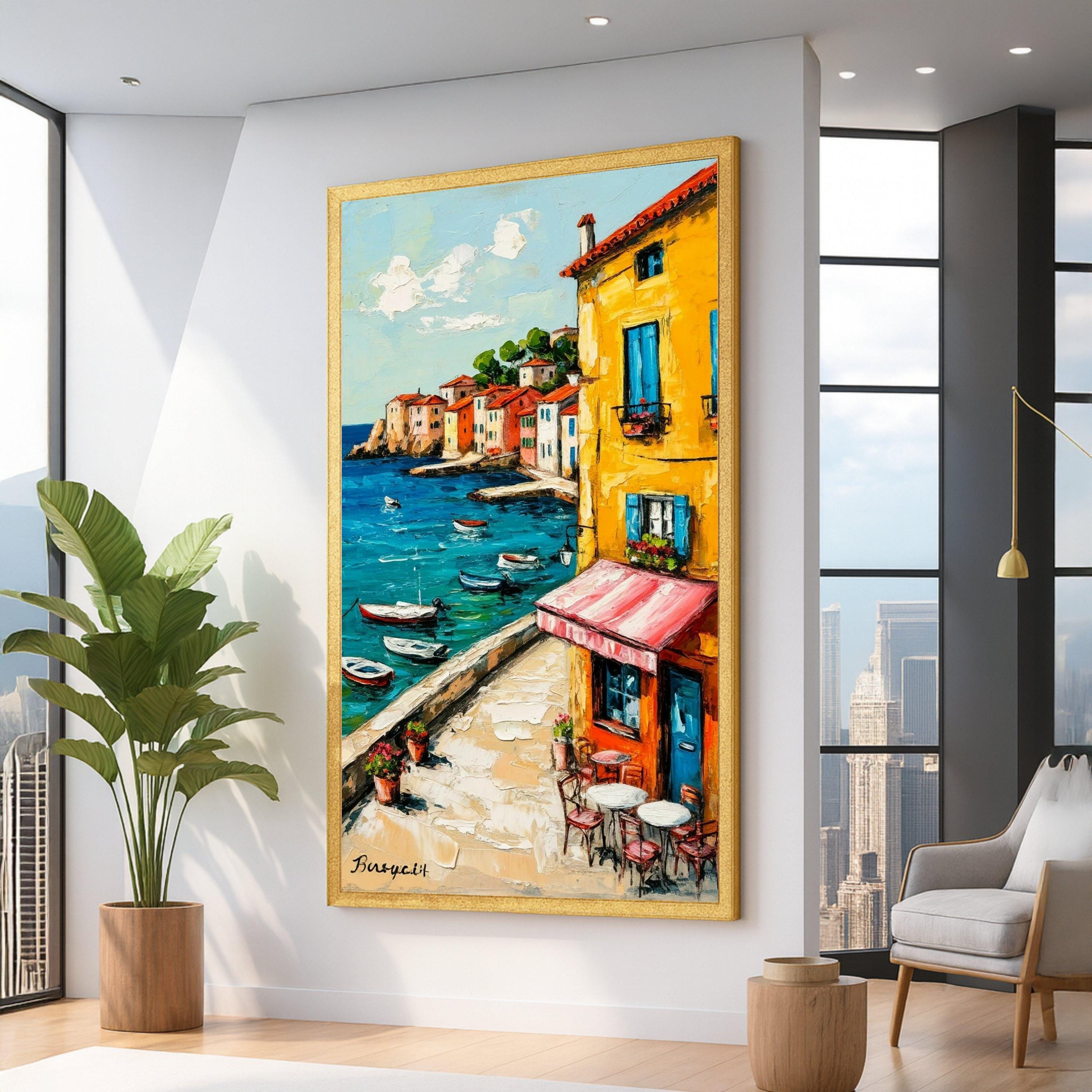 Coastal Village View Canvas, Mediterranean Harbor Painting