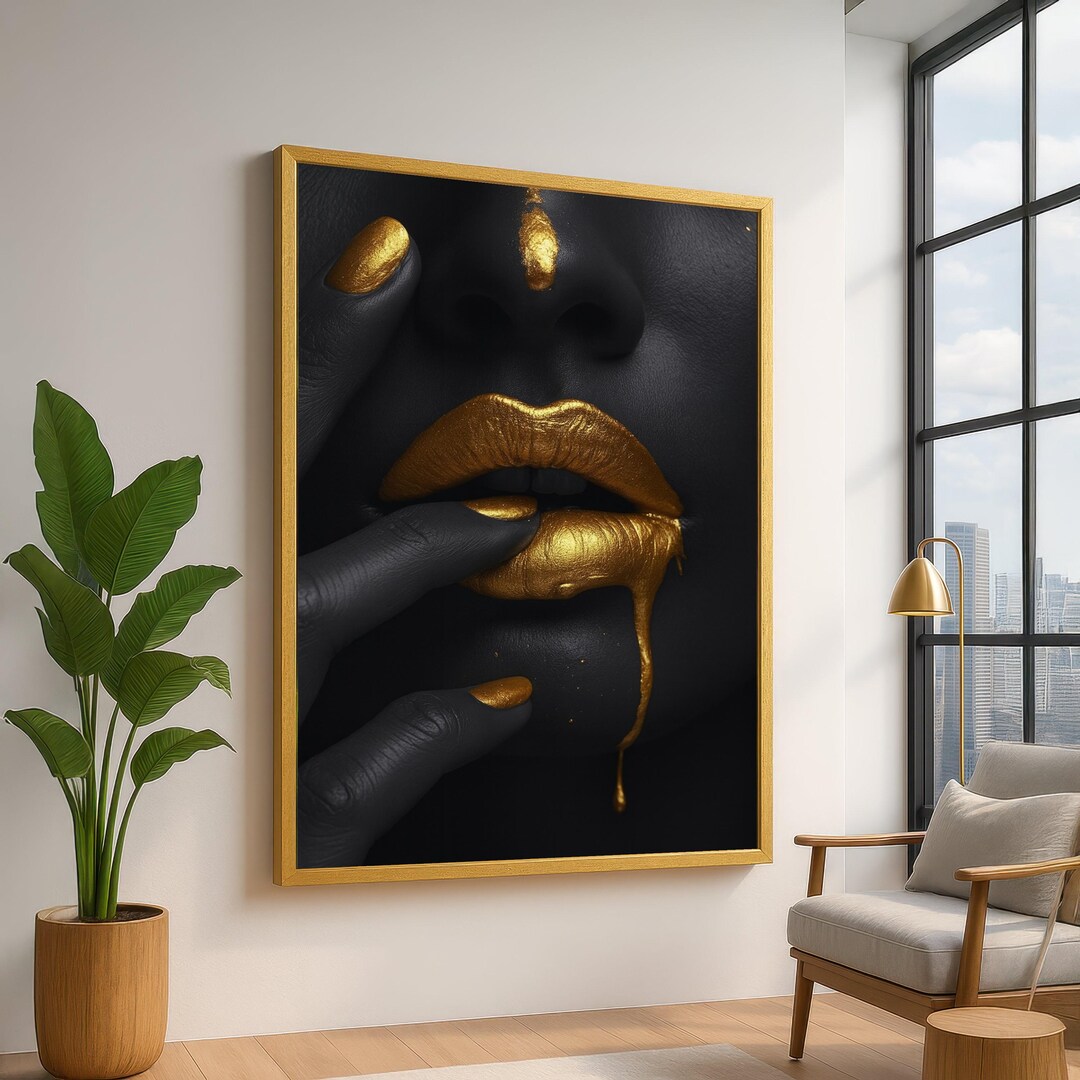 Gold Drip Lips Canvas Wall Art, Black and Gold Modern Abstract Face ...