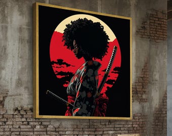 Afro Samurai Frau Leinwand, Rot Mond Silhouette, Kriegerin Kunstdruck, weibliche Samurai Wandkunst, moderne Kampfkunst Dekoration, fertig zum Aufhängen