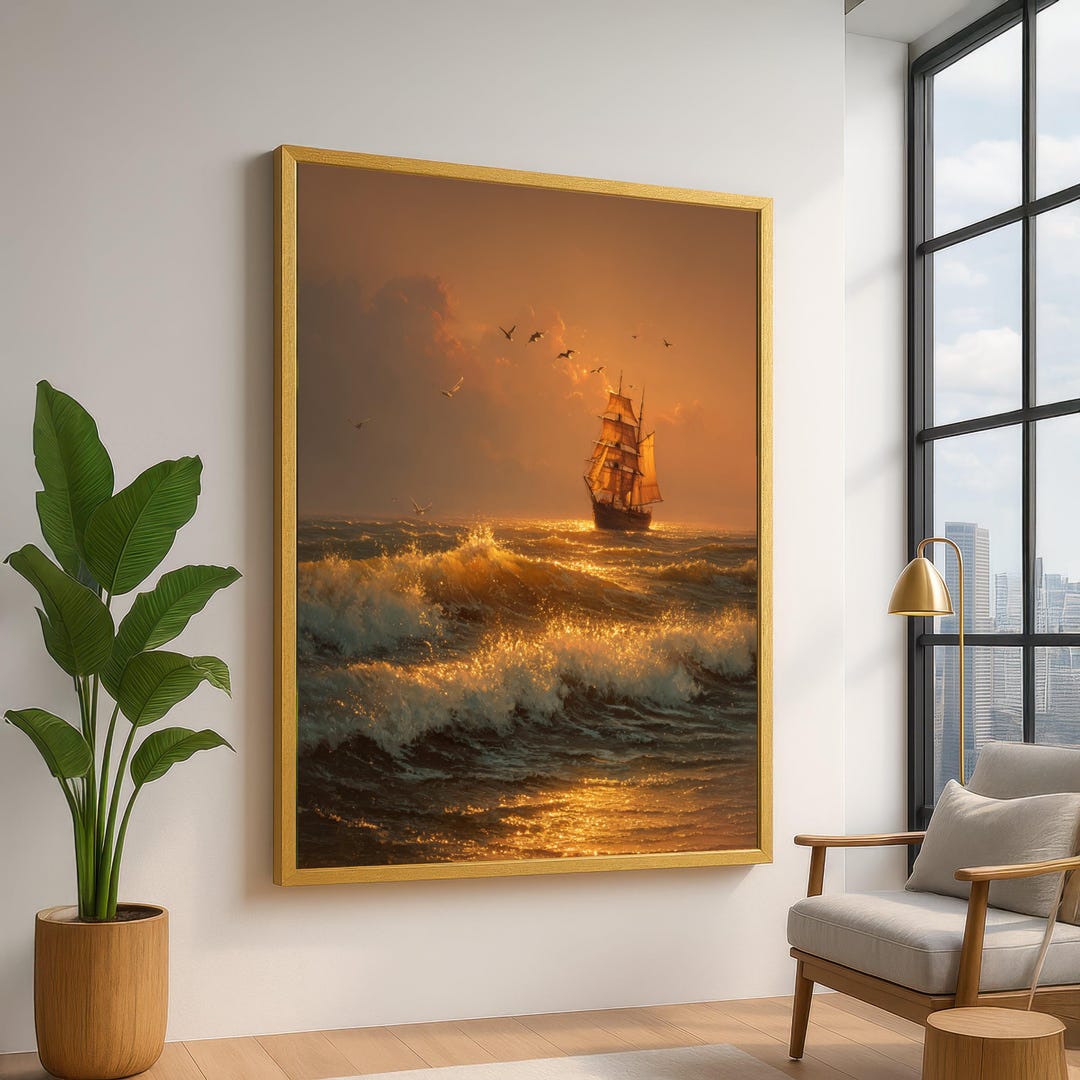 Golden Sunset Sailing Ship Canvas, Ocean Waves Wall Art, Sea Birds ...