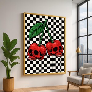 Cerezas de calavera roja audaces, lienzo con estampado de cuadros, decoración de pared vanguardista, diseño gráfico moderno, lienzo estilo pop art, listo para colgar imagen 1