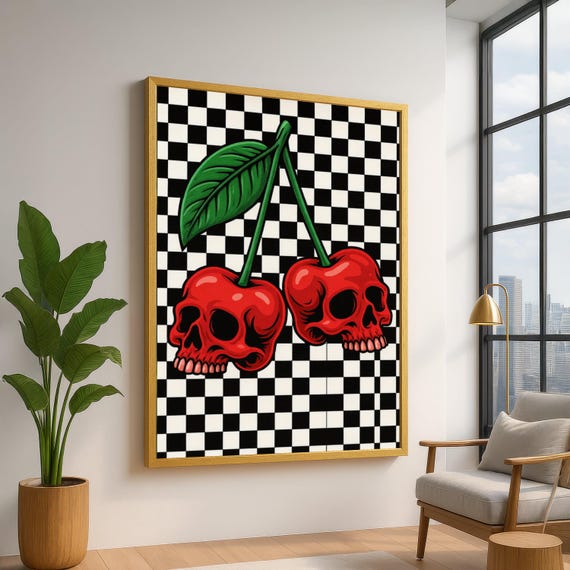 Bold Red Skull Cherries, Checkered Pattern Canvas Art, Edgy Wall Decor, Modern Graphic Design, Pop Art Style Canvas, Ready to Hang