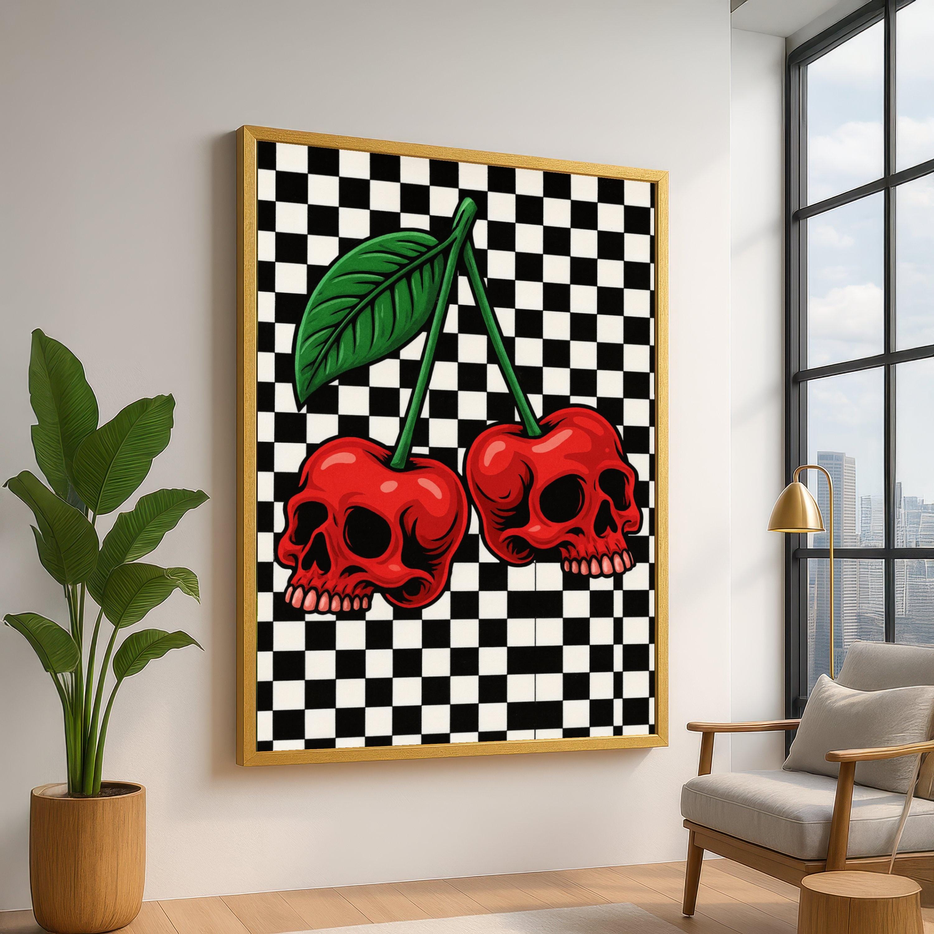 Bold Red Skull Cherries, Checkered Pattern Canvas Art, Edgy Wall