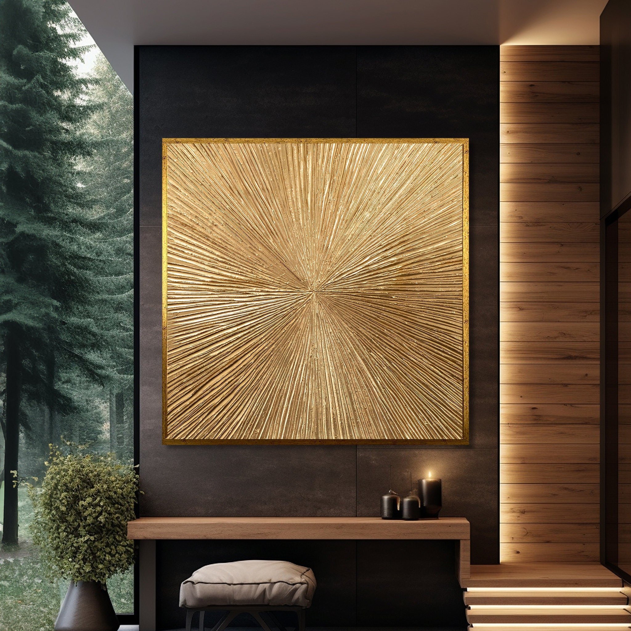 Golden Sunburst Canvas Print , Radiant Abstract Painting, Modern