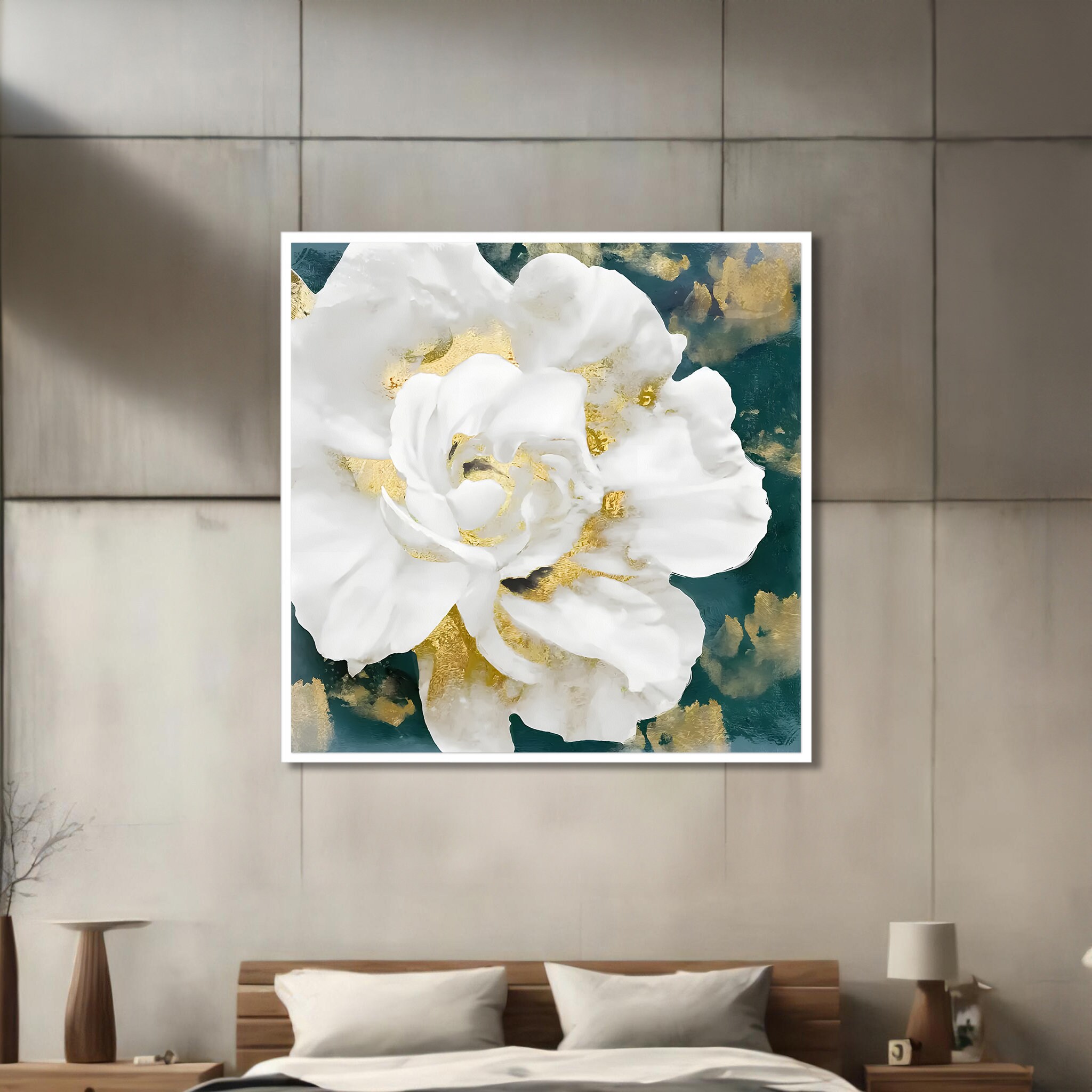 Elegant White Flower With Gold Accents Painting - Canvas Print Modern ...