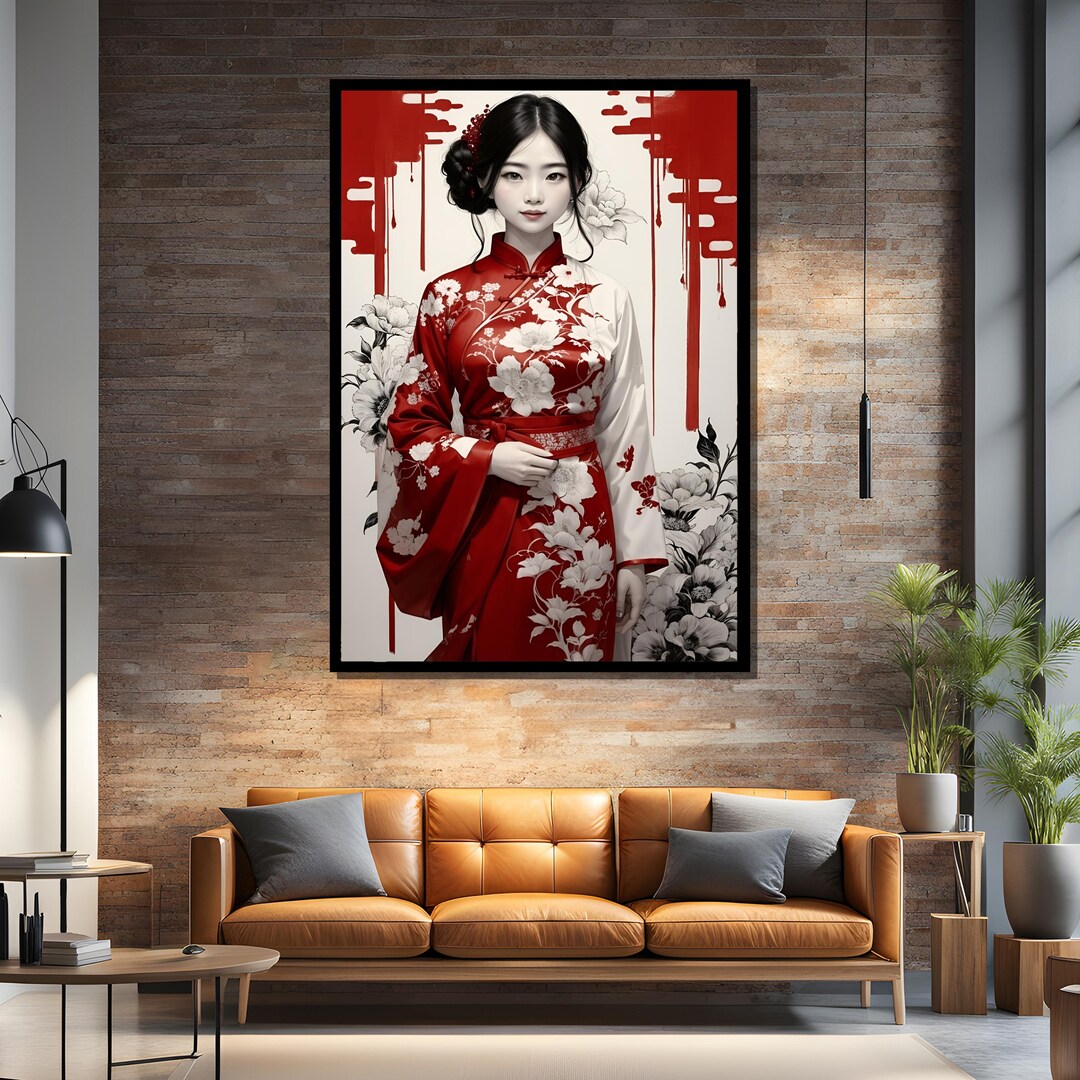 Elegant Japanese Woman in Red Kimono Framed or Unframed Canvas Art ...