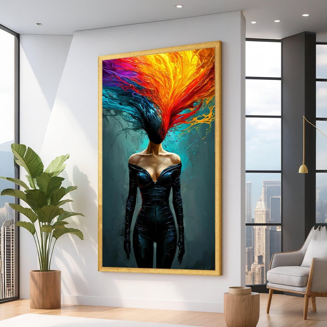Abstract Woman With Explosive Colorful Hair, Surreal Canvas Wall Art ...