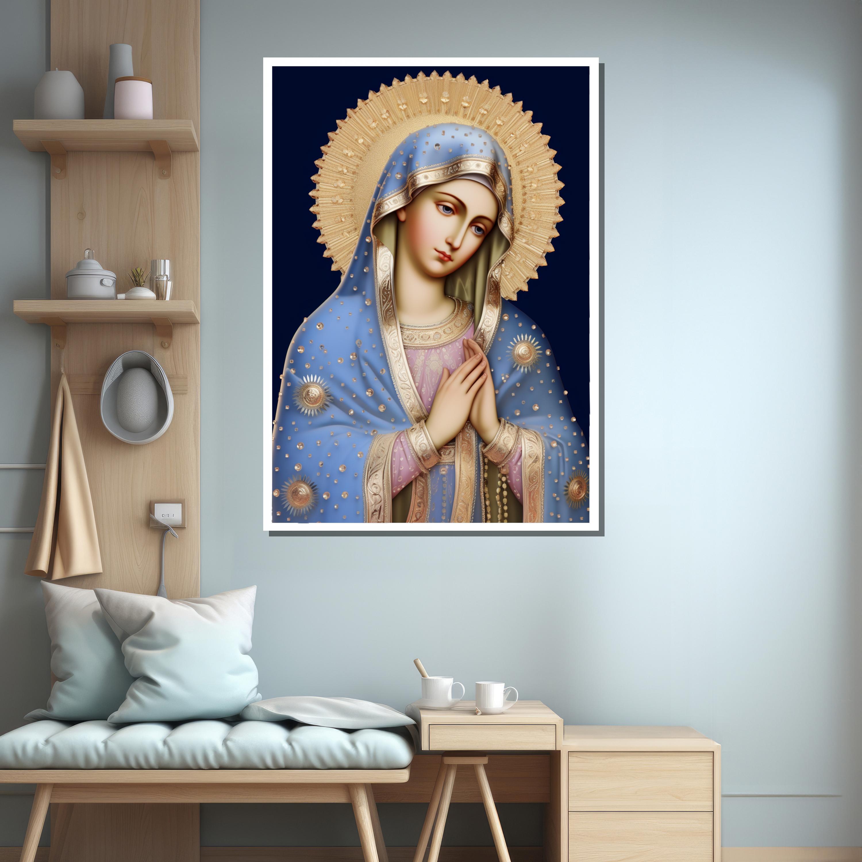 Virgin Mary Icon Painting Wall Art - Elegant Blue and Gold Religious ...