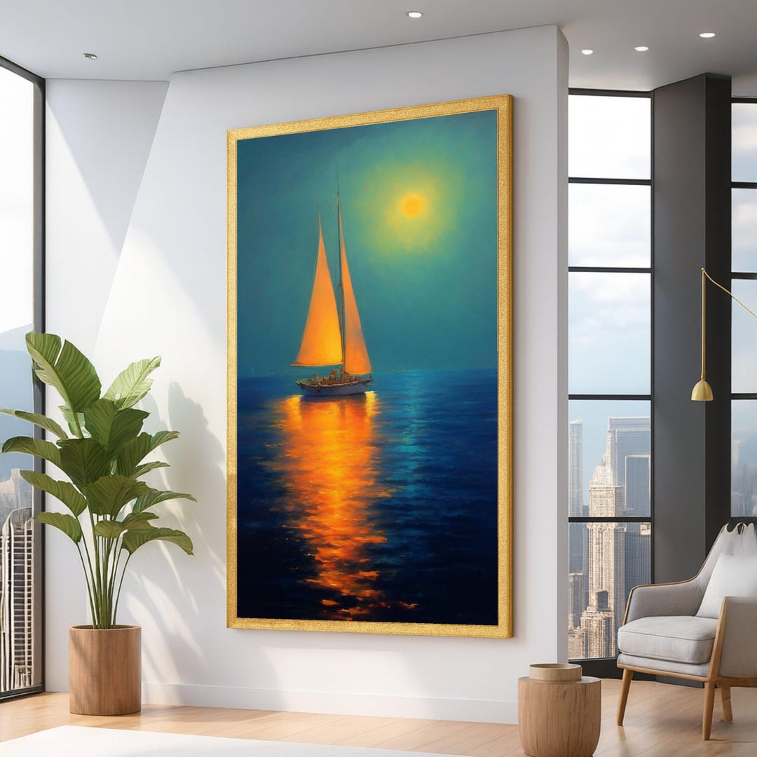 照明付き帆船キャンバス、夕日の反射ウォールアート、海の風景、穏やか