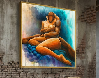 Lienzo abstracto de pareja abrazada, arte figurativo moderno, decoración íntima para pared, pintura contemporánea de desnudos, decoración sensual para el hogar.