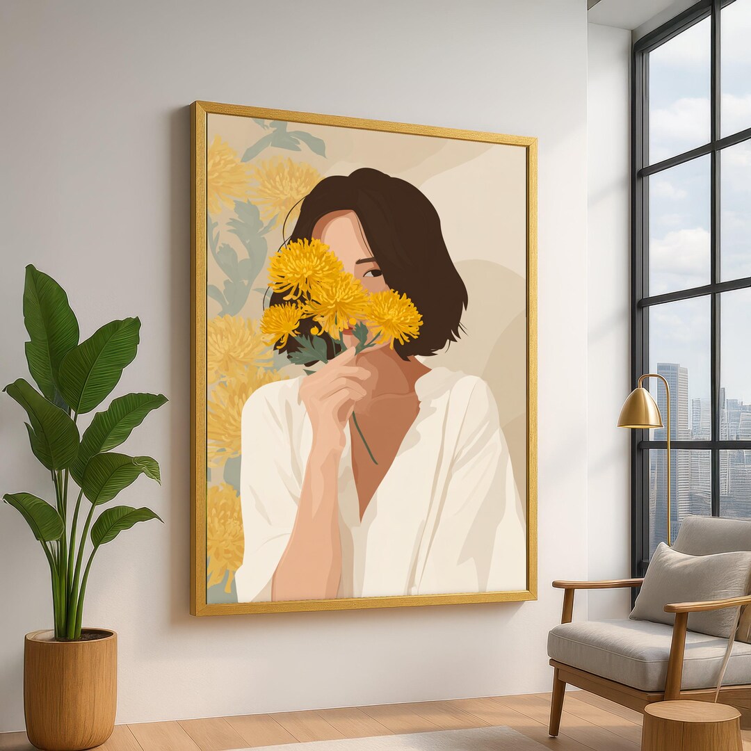 Modern Woman With Yellow Chrysanthemums Canvas, Floral Portrait Wall ...