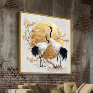 Elegant Red Crowned Cranes Canvas Wall Art, Cherry Blossom Branches, Gold Sun Circle Background, Asian Style Nature Decor, Ready to Hang