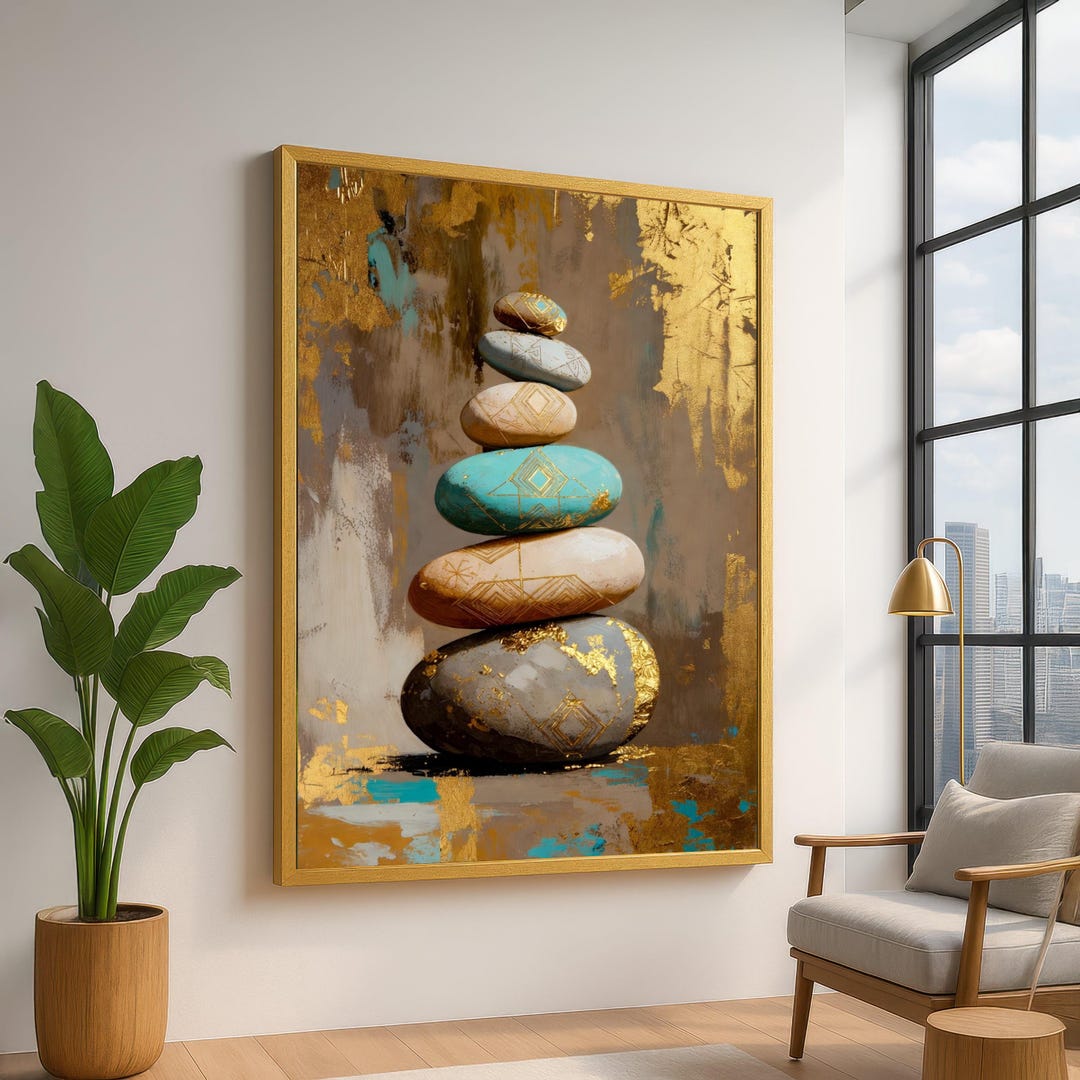Zen Stone Stack Canvas Wall Art, Abstract Balanced Rocks Gold Leaf ...