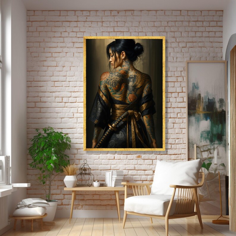 Tattooed Samurai Woman Canvas Wall Art, Floral and Eagle Back Tattoo, Japanese Kimono Style, Warrior Theme Canvas, Home Decoration Art Print image 3