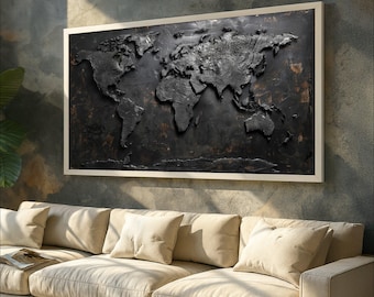 Lienzo rústico con mapa del mundo negro, arte mural global, decoración de viajes moderna, lienzo con efecto industrial para el hogar.