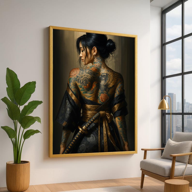 Tattooed Samurai Woman Canvas Wall Art, Floral and Eagle Back Tattoo, Japanese Kimono Style, Warrior Theme Canvas, Home Decoration Art Print image 1