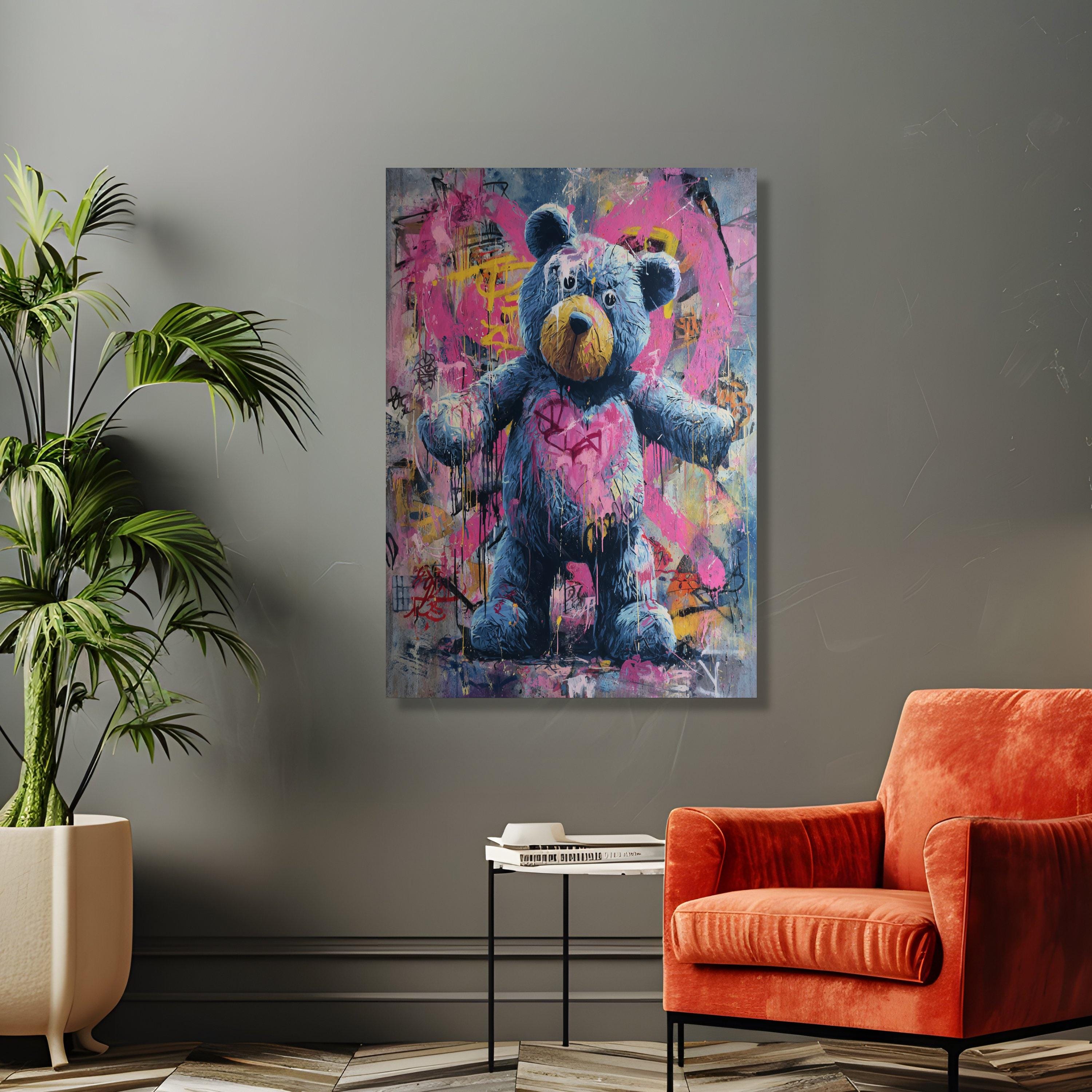 Graffiti Teddy Bear Canvas Wall Art, Urban Street Art Style, Colorful ...