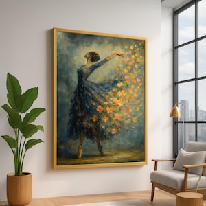 Elegant Ballerina Dance Canvas, Floral Dress Wall Art, Impressionist Ballet Painting, Artistic Home Decor, Ready to Hang Canvas