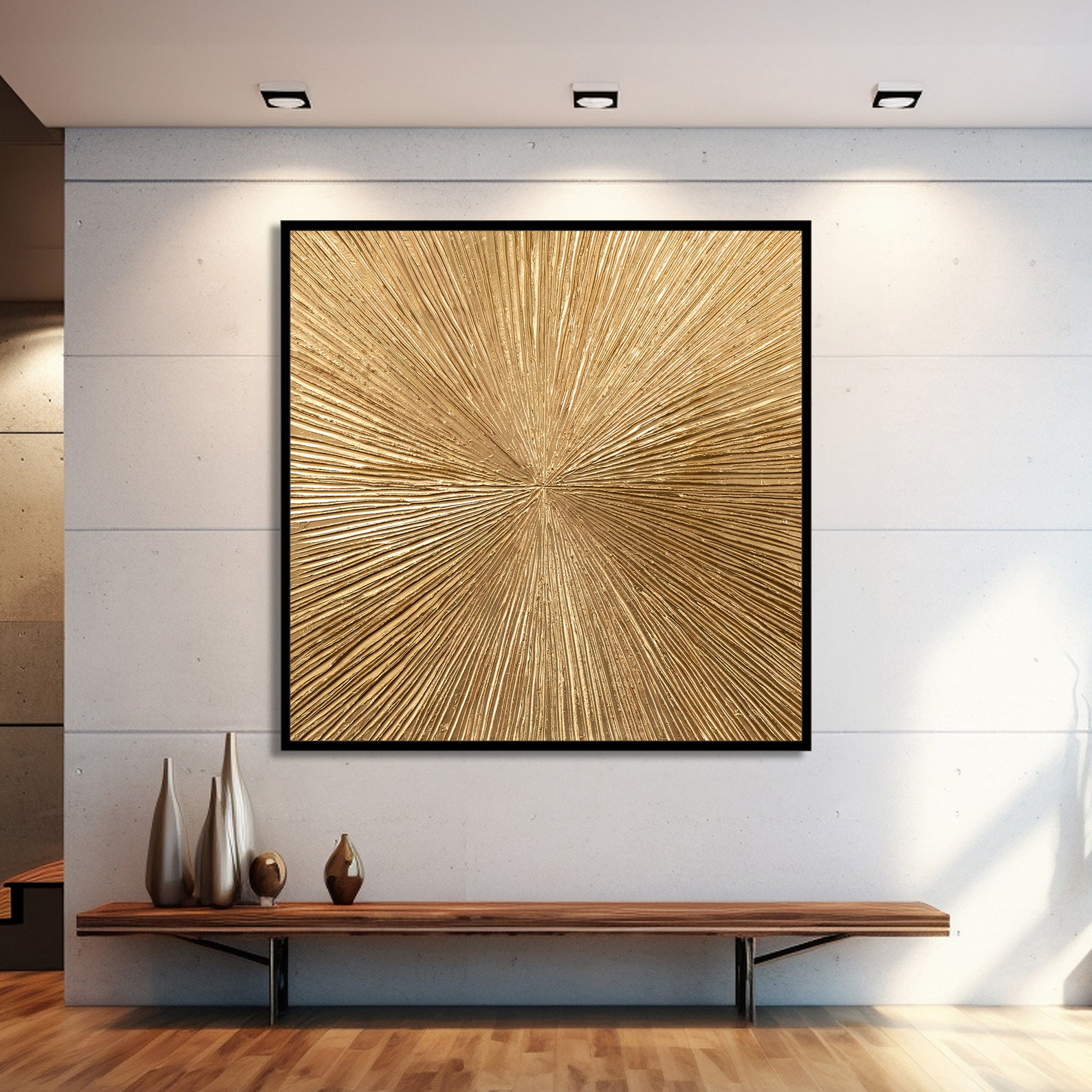 Golden Sunburst Canvas Print , Radiant Abstract Painting, Modern Gold