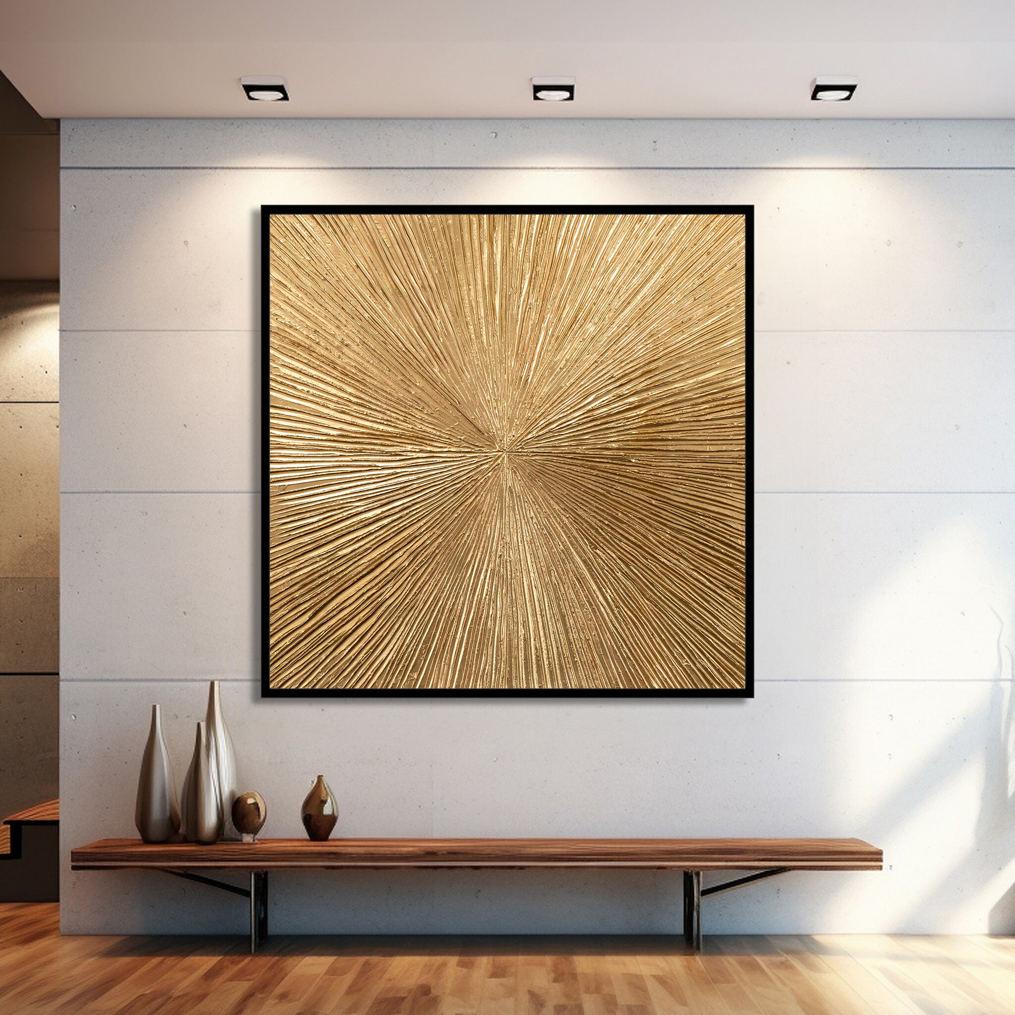 Golden Sunburst Canvas Print , Radiant Abstract Painting, Modern