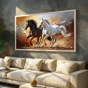 Dynamische laufende Pferde Leinwand, braune und weiße Pferdewandkunst, energetische Tiermalerei, moderne Reiterleinwand, Wohndekor, fertig zum Aufhängen