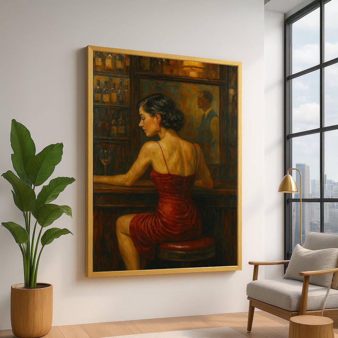 Elegant Woman in Red Dress, Vintage Bar Scene Canvas, Figurative Wall Art,  Romantic Interior Decoration, Classic Portrait Canvas - Etsy