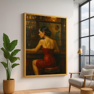 Elegant Woman in Red Dress, Vintage Bar Scene Canvas, Figurative Wall Art, Romantic Interior Decoration, Classic Portrait Canvas