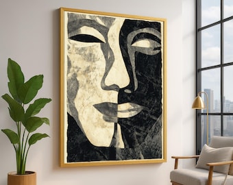Abstract Black and White Faces Canvas, Modern Art Wall Decor, Contemporary Portrait Canvas, Minimalist Face Line Art, Ready to Hang Artwork
