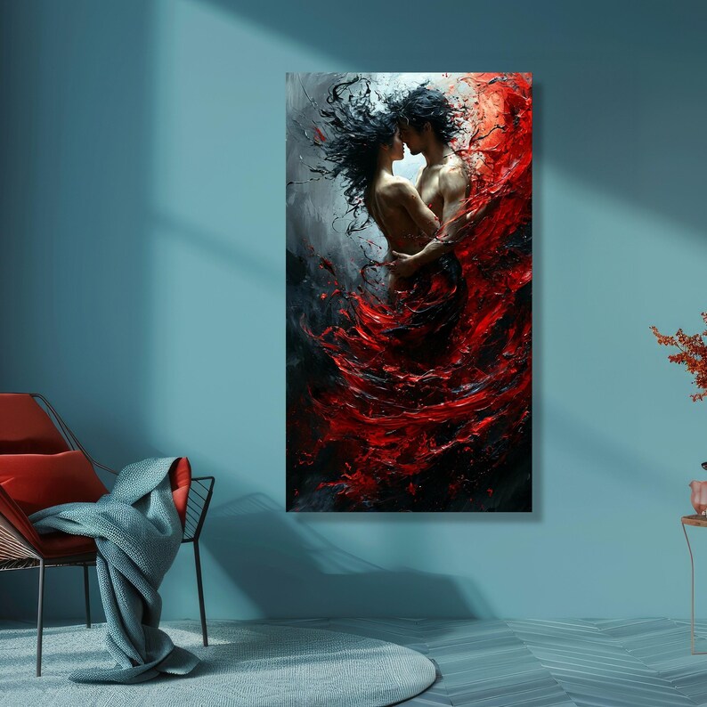 Passionate Embrace Couple Canvas, Abstract Red and Black Swirl Art, Romantic Wall Art, Sensual Home Decor, Contemporary Canvas image 6