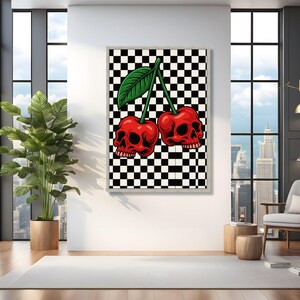 Cerezas de calavera roja audaces, lienzo con estampado de cuadros, decoración de pared vanguardista, diseño gráfico moderno, lienzo estilo pop art, listo para colgar imagen 4