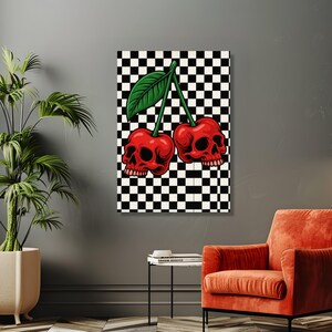 Cerezas de calavera roja audaces, lienzo con estampado de cuadros, decoración de pared vanguardista, diseño gráfico moderno, lienzo estilo pop art, listo para colgar imagen 6