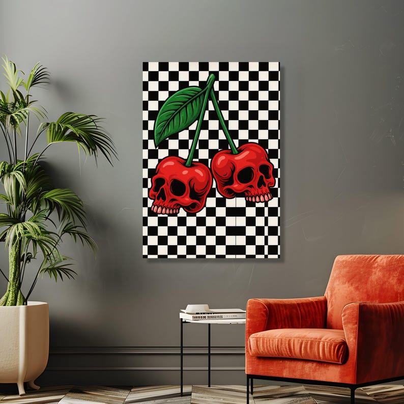 Cerezas de calavera roja audaces, lienzo con estampado de cuadros, decoración de pared vanguardista, diseño gráfico moderno, lienzo estilo pop art, listo para colgar imagen 6