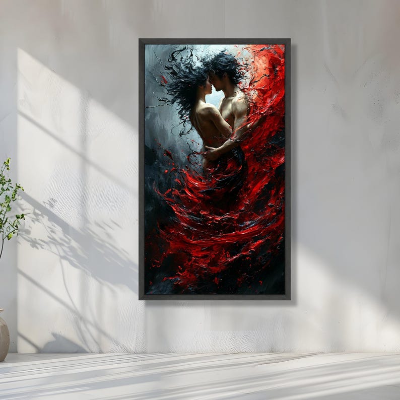 Passionate Embrace Couple Canvas, Abstract Red and Black Swirl Art, Romantic Wall Art, Sensual Home Decor, Contemporary Canvas image 3