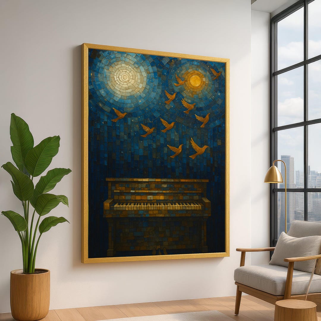 Mosaic Piano Canvas Wall Art, Golden Birds Flying Canvas, Abstract