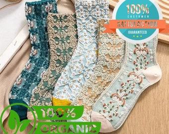 Lot de 5 chaussettes à fleurs vintage - Broderie de fleurs, coton printanier, style bohème - Chaussettes colorées et mignonnes pour fille - Ensemble cadeau parfait pour les amateurs de style