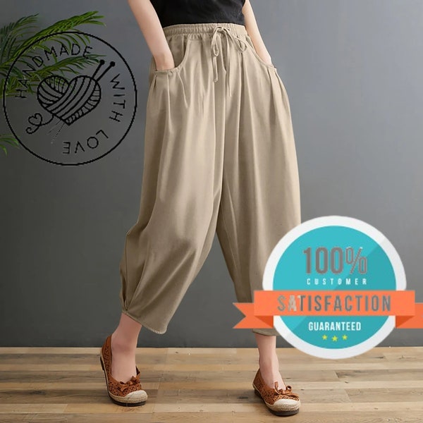 Customized Plus Size Linen Pants - Women's Elastic Waist Soft Casual Boho Trousers - Full Maxi Pants with Wide Leg - Comfortable and Stylish