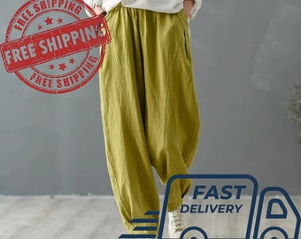 Women's Elastic Waist Cotton Pants-Soft, Casual,and Loose Boho Trousers-Full Maxi Pants with Wide Leg-Customized Plus Size-Linen Comfort
