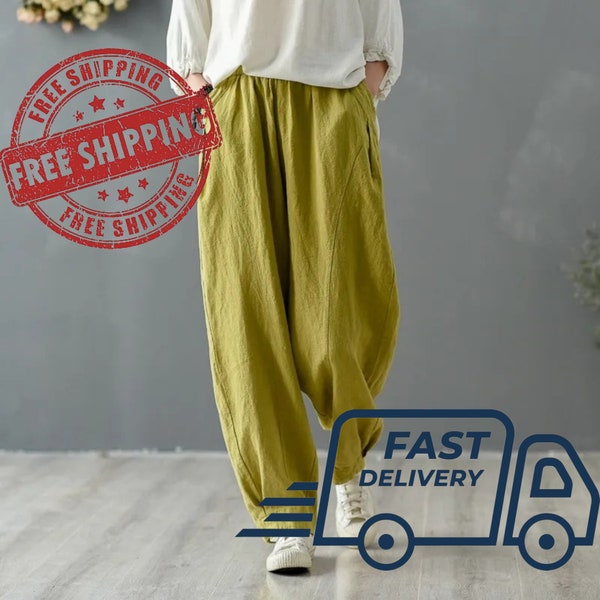 Women's Elastic Waist Cotton Pants-Soft, Casual,and Loose Boho Trousers-Full Maxi Pants with Wide Leg-Customized Plus Size-Linen Comfort