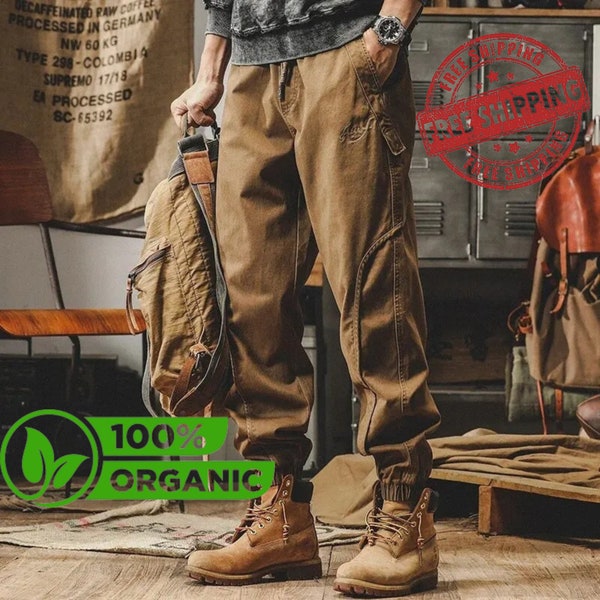 Vintage Loose Cargo Pants-Men's Casual Cotton Harem Trousers-Street Style Elastic Waist Tapered Pants-Comfortable and Stylish Urban Fashion