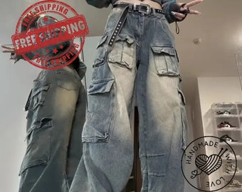Y2K Übergroße Cargohose mit mehreren Taschen - Retro-Jeans mit hoher Taille - Hip-Hop-Denim-Styling - Y2K Jeans, Plus Größe - AA02 Streetwear Fashion