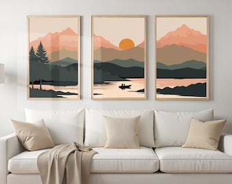 Boho Mountain Sunset Print Set, Abstract Landscape Wall Art (Digital Download)