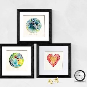 Regalo personalizado de acuarela con mapa pintado a mano para parejas, bodas, lunas de miel, cómo nos conocimos, compromiso, San Valentín, por Rosemary Whittle