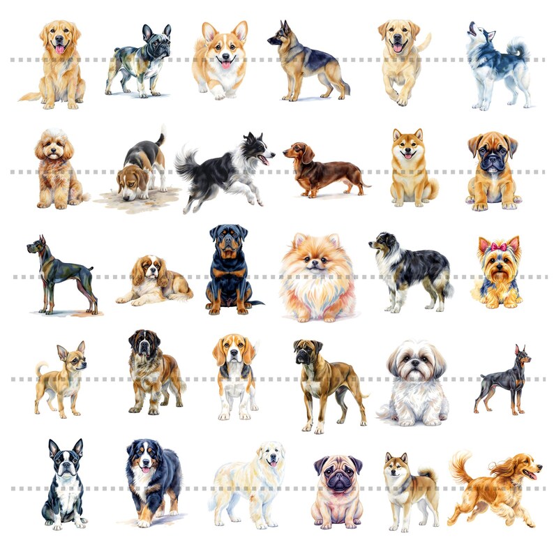 Watercolor Dog Breeds Clipart Bundle, 60 Puppy Illustrations ...