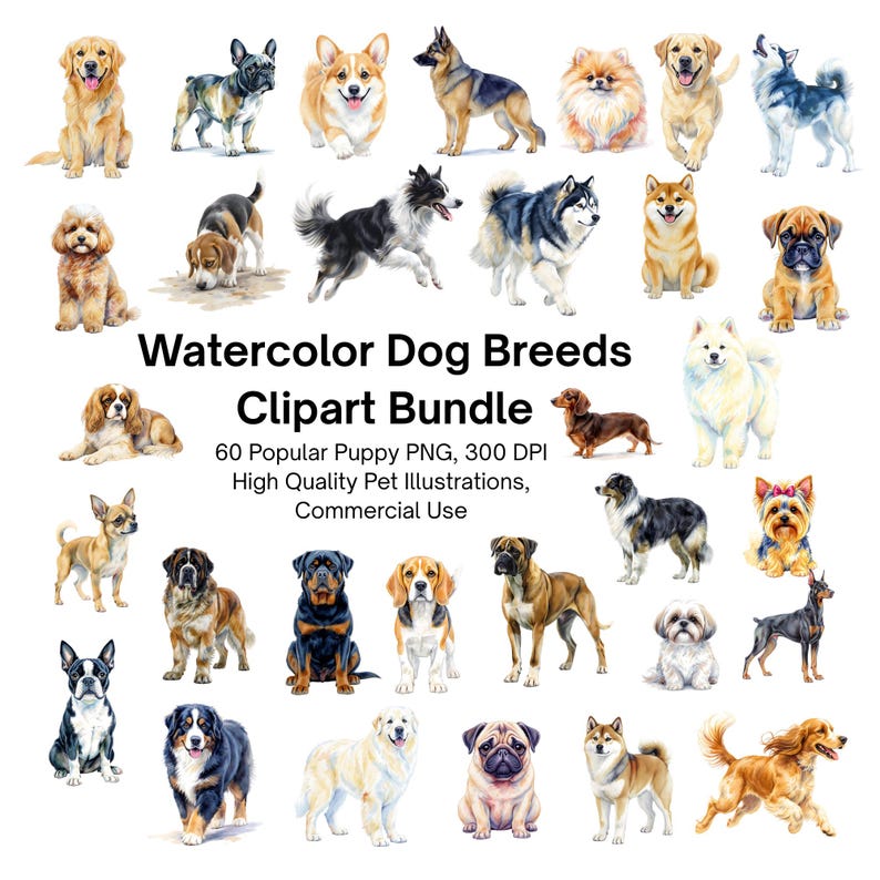 Watercolor Dog Breeds Clipart Bundle, 60 Puppy Illustrations ...