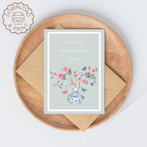 Cartão de Dia das Mães para impressão, Cartão de Dia das Mães Chinoiserie