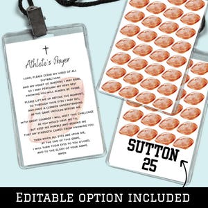 May include: Two clear plastic luggage tags with black straps. One tag features the text Athlete's Prayer with a cross icon and a faint football graphic. The other tag displays a repeating pattern of brown footballs, the name SUTTON, and the number 25.